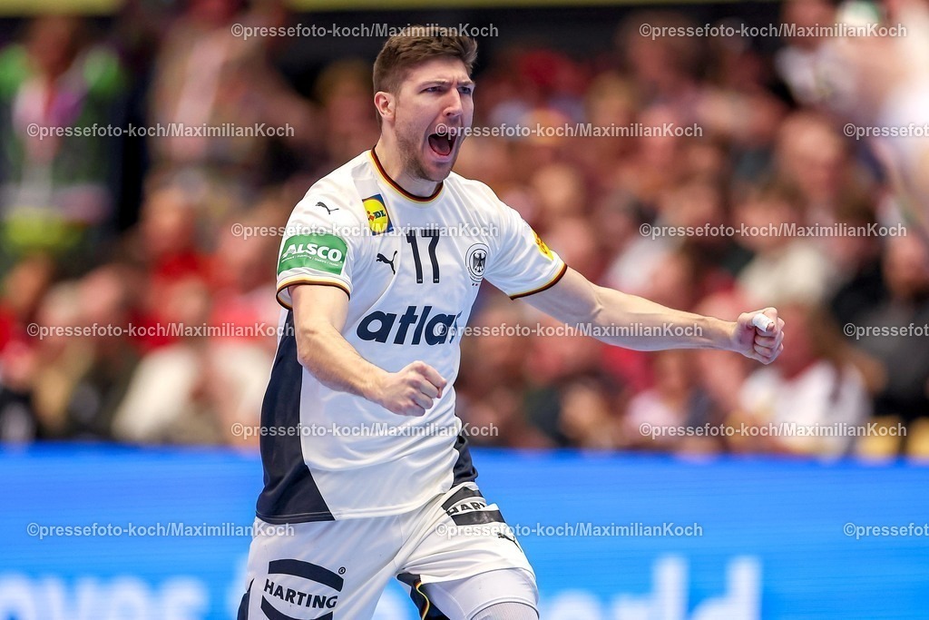 EHF15012602037 | 15.01.2026, Handball, Men's EHF EURO 2026, Deutschland - Östereich, Jyske Bank Boxen in Herning, Dänemark, Preliminary Round:  Lukas Zerbe (Germany #17) jubelnd