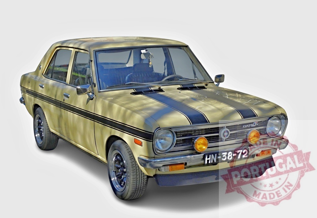 Datsun 1200 classic vintage car with racing stripes | Datsun 1200 sedan standing on white background, showcasing retro vehicle design - Realized with Pictrs.com