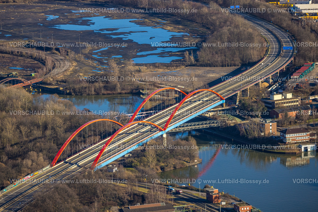 Bottrop240107111 | Luftbild, gesperrte Rhein-Herne-Kanalbrücke mit rotem Geländer, Autobahn A42 Emscherschnellweg, Ebel, Bottrop, Ruhrgebiet, Nordrhein-Westfalen, Deutschland