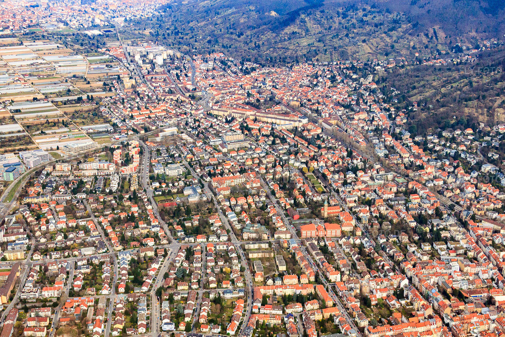 Luftbild: Ortsansicht von Süden im Ortsteil Handschuhsheim in Heidelberg im Bundesland Baden-Württemberg in Deutschland. Foto: IMG_37881.jpg vom 12.03.2011 durch Werner Riehm/FLY-FOTO.deAuflösung des Originals: 4522 x 3014 px