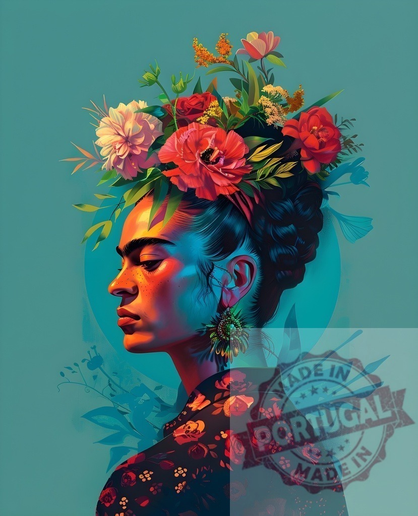 Frida Kahlo portrait featuring a vibrant neo-pop art style | Frida Kahlo profile portrait adorned with flowers and a floral shirt, showing a blend of art styles - Realized with Pictrs.com