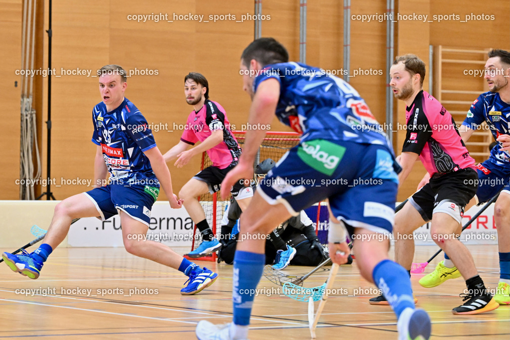 VSV Unihockey vs. Wiener Floorball Verein | #25 Jan Blazic VSV Unihockey, #10 HORN Philipp Wiener Floorballverein, #9 ZEHETNER Laurin Wiener Floorballverein, #5 Michael Kanduth VSV Unihockey, VSV Unihockey vs. Wiener Floorball Verein, VSV Unihockey vs. Wiener Floorball Verein am 18.05.2025 in Villach (Ballspielhalle St. Martin), Austria, (Photo by Bernd Stefan)