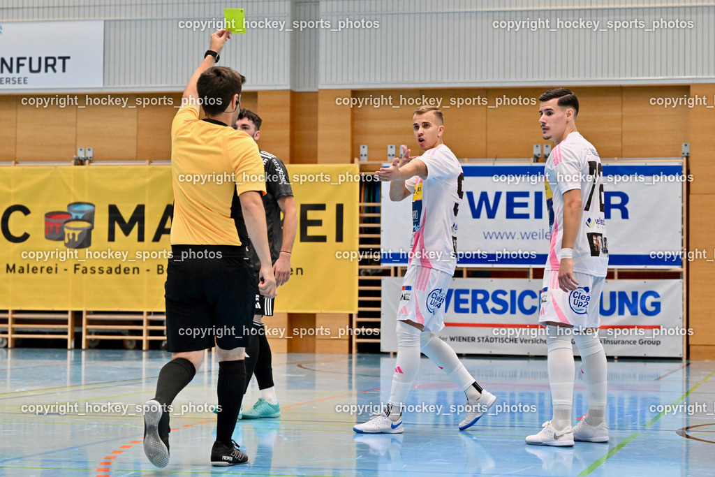 Carinthia Flamengo Futsal Club vs. FC Ljuti Krajisnici | Gelbe Karte, Bünyamin Kilicdagi Referee, #9 Androw Ibrahim Carinthia Flamengo, #72 Armin Kahvedzic Carinthia Flamengo, Carinthia Flamengo Futsal Club vs. FC Ljuti Krajisnici, Carinthia Flamengo Fusal Club vs. FC Ljuti Krajisnici am 12.10.2025 in Klagenfurt (Ballspielhalle Viktring), Austria, (Photo by Bernd Stefan)