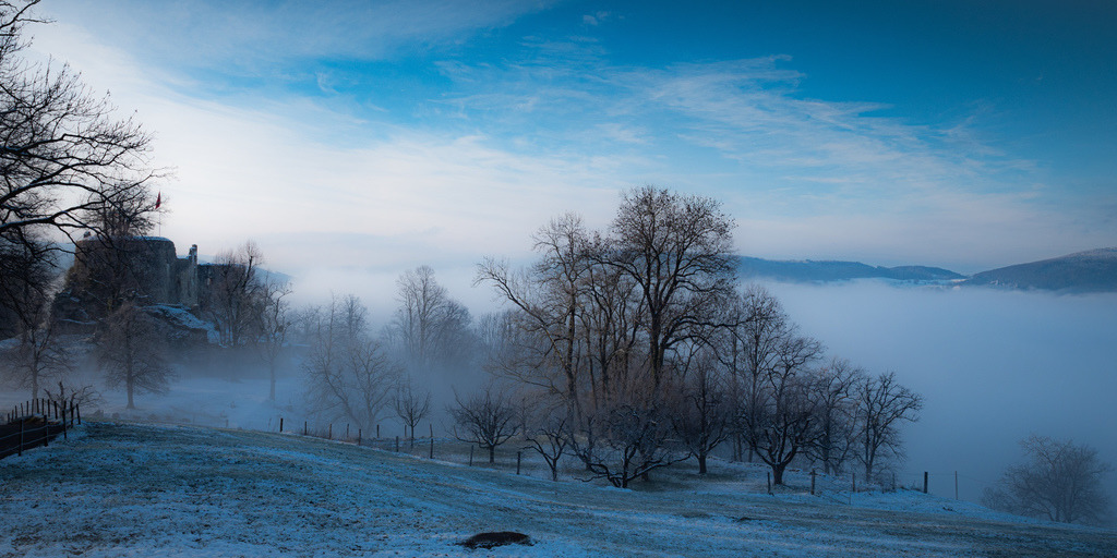 Winter bei der Ruine Dorneck | Aufziehender Nebel von Dornach auf die Burgruine Dorneck - Realisiert mit Pictrs.com