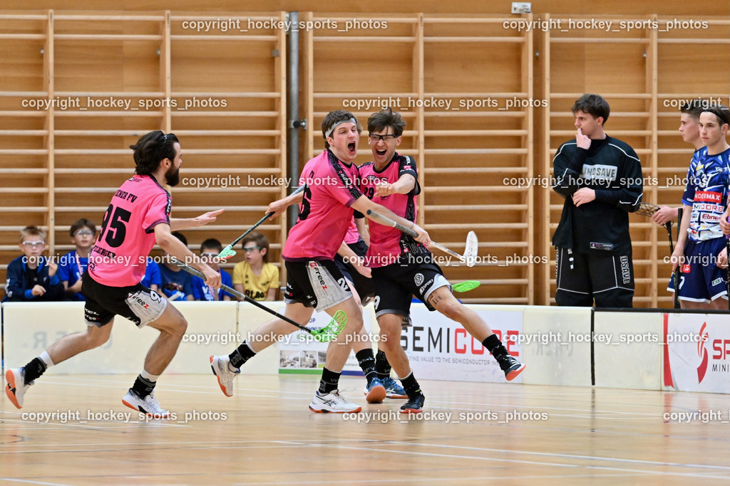 VSV Unihockey vs. Wiener Floorball Verein | Jubel Wiener Floorballverein, #95 FELSBERGER Niklas Wiener Floorballverein, #26 Alexander Hanschur Wiener Floorballverin, #29 Jonas-Justus Dopona Wiener Floorballverein, VSV Unihockey vs. Wiener Floorball Verein, VSV Unihockey vs. Wiener Floorball Verein am 18.05.2025 in Villach (Ballspielhalle St. Martin), Austria, (Photo by Bernd Stefan)