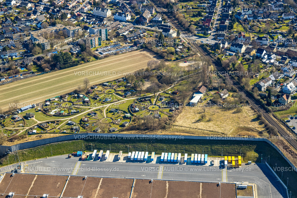 Witten250300837 | Luftbild, KGV Kleingartenverein Mellmausland mit kreisförmiger Anordnung, am Amazon Logistikzentrum, Rüdinghausen, Witten, Ruhrgebiet, Nordrhein-Westfalen, Deutschland