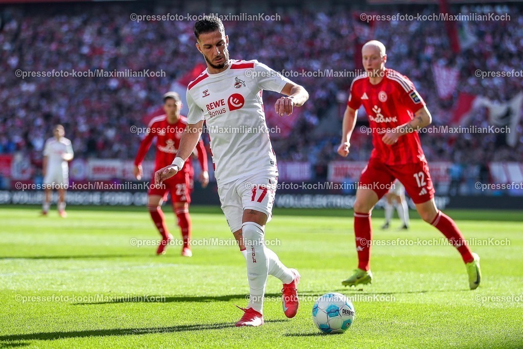 1FC23022502124 | 23.02.2025, Fußball, 1. FC Köln - Fortuna Düsseldorf, 2.. Fußball Bundesliga, 23. Spieltag, RheinEnergie-STADION, Saison 2024 2025: Leart Pacarada (FC Köln #17) im Zweikampf gegen Valgeir Lunddal Fridriksson (Fortuna Düsseldorf #12)DFB regulations prohibit any use of photographs as image sequences and or quasi-video.