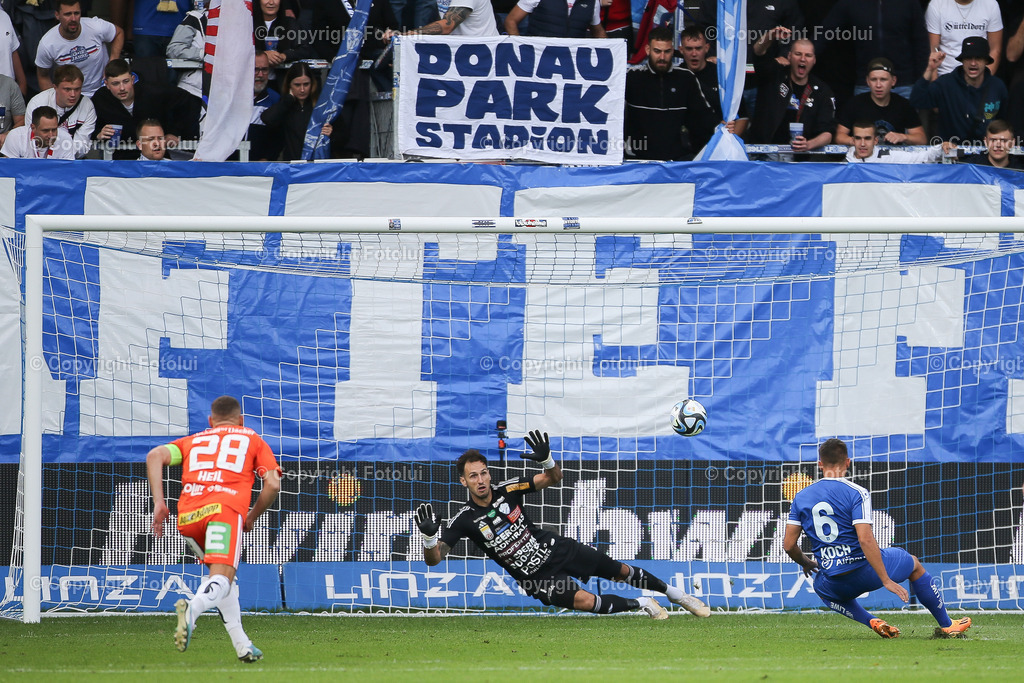 A_LUI_20230806_0017 | SPORT FUSSBALL ADMIRAL BUNDESLIGA  2023/24
FC BLAU WEIß LINZ VS TSV EGGER GLAS HARTBERG
IM BILD: Tor Blau Weiß Linz Tobias Koch (FC Blau Weiß Linz)
FOTO:FOTOLUI/UW