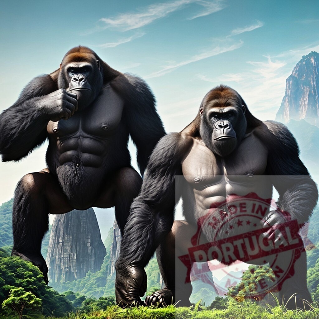 Two muscular gorillas standing in a mountainous jungle. AI Experiments | Pair of powerful gorillas presenting strong physique in a wild, green environment - Realized with Pictrs.com