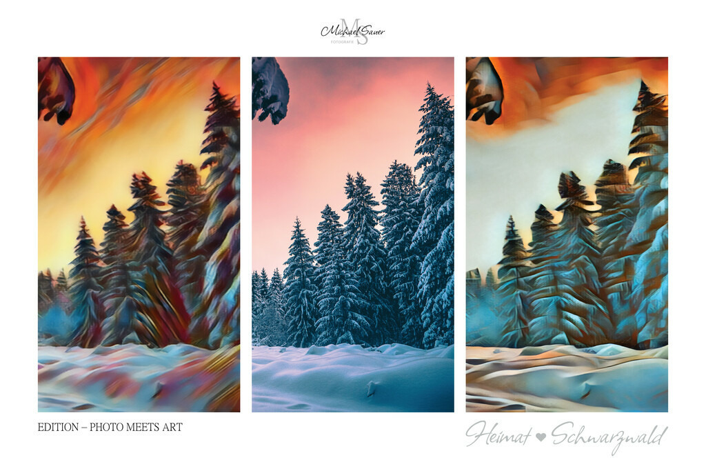Edition “PHOTO MEETS ART” | Die Edition “PHOTO MEETS ART” ist eine außergewöhnliche Schwarzwald-Bildergalerie für alle Kunstliebhaber. Bei diesen Werken handelt es sich um exklusive Digitalkunst, bei denen mittels künstlicher Intelligenz neue Visualisierungen erschaffen wurden. Das Ergebnis ist eine 3er-Bild-Collage mit der realen Fotografie im Zentrum, flankiert von zwei unterschiedlichen Kunststilen. Natürlich ausschließlich mit Bildern aus dem Schwarzwald! - Realisiert mit Pictrs.com