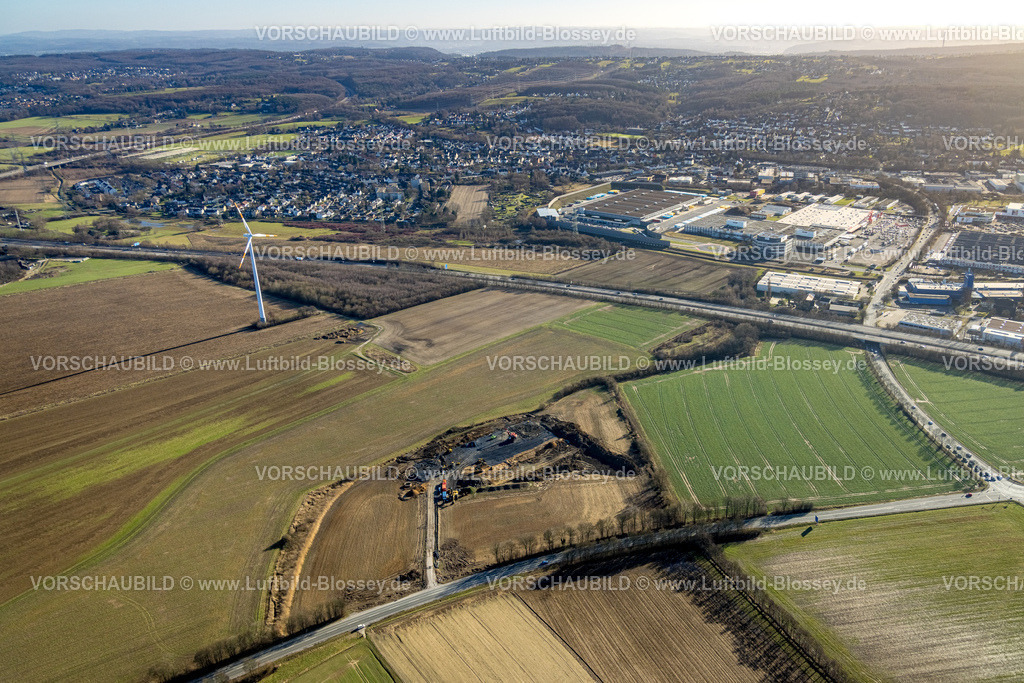Witten240102603 | Luftbild, Windradneubau im Salinger Feld zwischen Autobahn A44 und Baroper Straße, Blick nach Witten-Rüdinghausen und zum Gewerbegebiet Brauckstraße mit Ostermann, Bauhaus und Amazon, Witten, Stadtgrenze Dortmund Eichlinghofen, Dortmund, Ruhrgebiet, Nordrhein-Westfalen, Deutschland