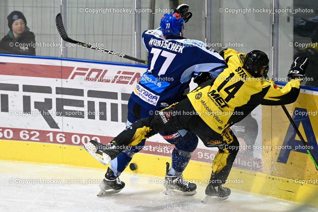 ESC Steindorf vs. EC Hornets Spittal 20.2.2024 | #77 Wuntschek Manuel ESC Steindorf, #14 Stele Florian EC Hornets Spittal, ESC Steindorf vs. EC Hornets Spittal 20.2.2024, ESC Steindorf vs. EC Hornets Spittal 20.2.2024 am 20.02.2024 in Steindorf (Ossiachersee Halle), Austria, (Photo by Bernd Stefan)
