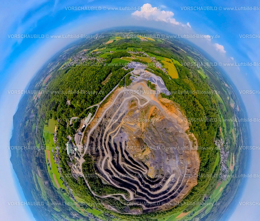 Koenigswinter240590156BasaltsteinbruchHuehnerberg | Luftbild, Basaltsteinbruch Hühnerberg, im Natura-2000-Schutzgebietsnetz, umgeben von Wald, Erdkugel, Fisheye Aufnahme, Fischaugen Aufnahme, 360 Grad Aufnahme, tiny world, little planet, fisheye Bild, Königswinter, Nordrhein-Westfalen, Deutschland