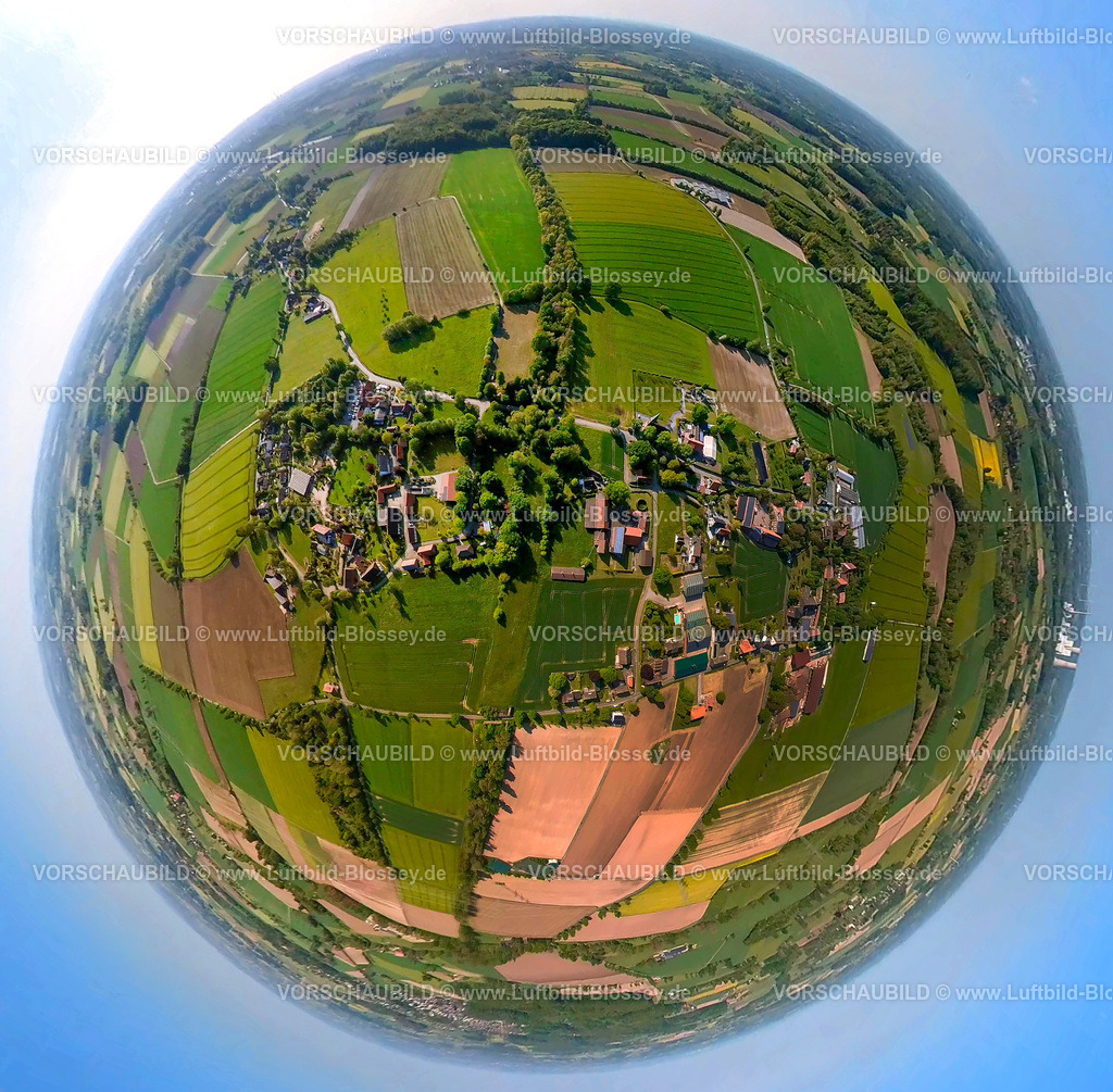 Hamm230520008Sueddinker | Luftbild, Ortsansicht Süddinker, Wiesen und Felder, Erdkugel, Fisheye Aufnahme, Fischaugen Aufnahme, 360 Grad Aufnahme, Stadtbezirk Rhynern, Hamm, Ruhrgebiet, Nordrhein-Westfalen, Deutschland