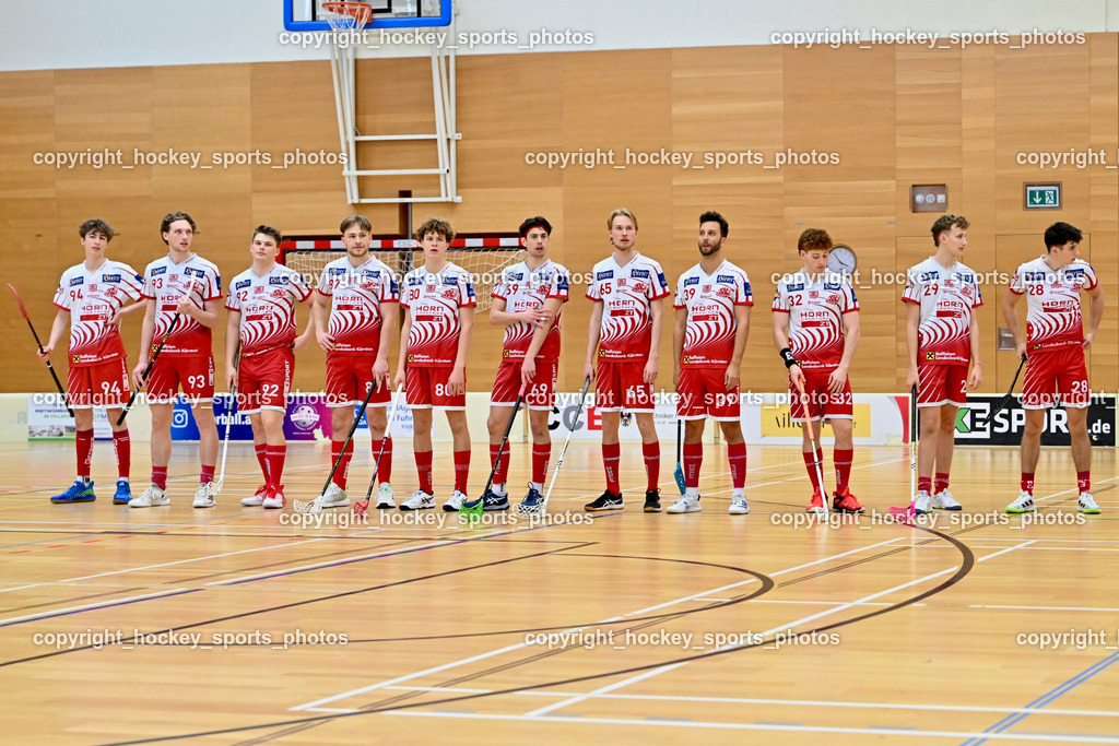 VSV Unihockye vs. KAC Floorball | #94 Moritz Gunzer KAC Floorball, #93 Marcel Gappmayer KAC Floorball, #92 Maximilian Mörtl KAC Floorball, #87 Fabian Grabner KAC Floorball, #80 Lino Roth KAC Floorball, #69 Nikita Münch KAC Floorball, #65 Viktor Lesnjak KAC Floorball, #39 Max Olsacher KAC Floorball, #32 Tim Deisinger KAC Floorball, #29 Sebastian Flaschberger KAC Floorball, #28 Gabriel Lekas KAC Floorball, KAC Floorball Mannschaft, VSV Unihockye vs. KAC Floorball, VSV Unihockye vs. KAC Floorball am 13.04.2025 in Villach (Ballspielhalle St. Martin), Austria, (Photo by Bernd Stefan)