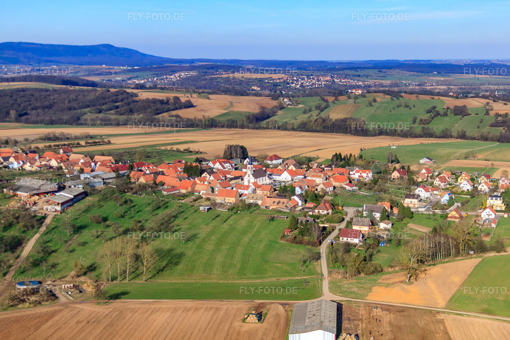 Luftbild: Ortsansicht von Westen in Forstheim im Bundesland Bas-Rhin in Frankreich.Foto: IMG_38694.jpg vom 20.03.2011 durch Werner Riehm/FLY-FOTO.deAuflösung des Originals: 4752 x 3168 px