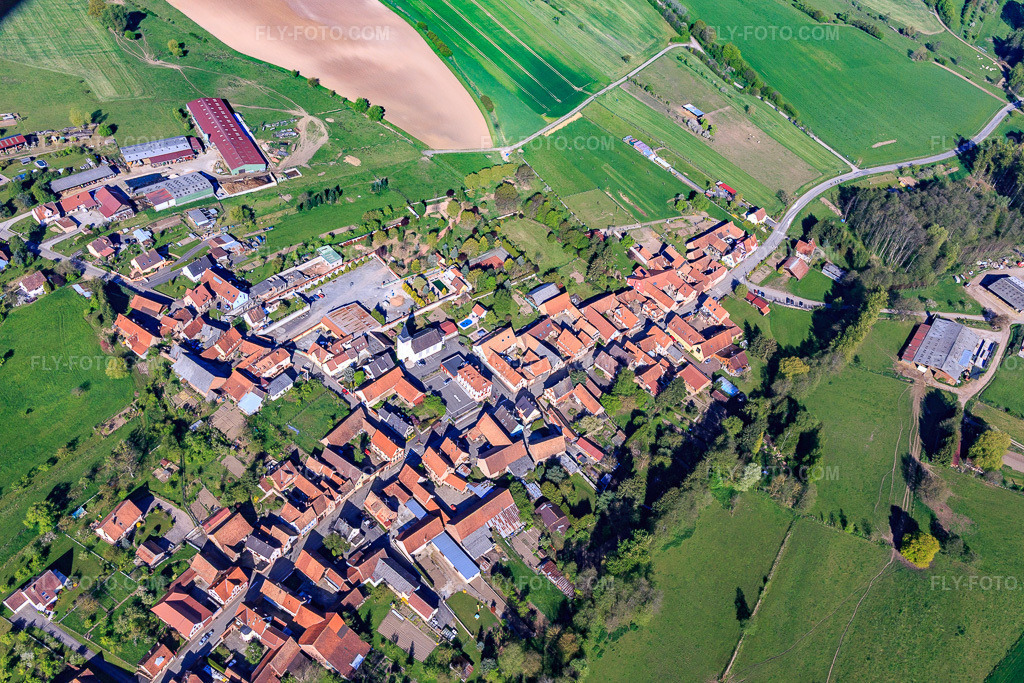 Aerial view: View of the town from the northeast in Bischholtz in the state Bas-Rhin, France. – Photo: IMG_099459.jpg taken on 04/30/2017 by Werner Riehm/FLY-FOTO.com – Resolution of the original: 5111 x 3408 px