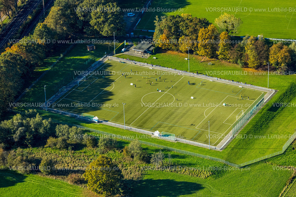 Hamm251001987 | Luftbild, Fußballstadion Sportplatz TuS 1910 Wiesergofen, umgeben von herbstlichen Bäumen, Jugendliche beim Training, Stadtbezirk Pelkum, Hamm, Ruhrgebiet, Nordrhein-Westfalen, Deutschland