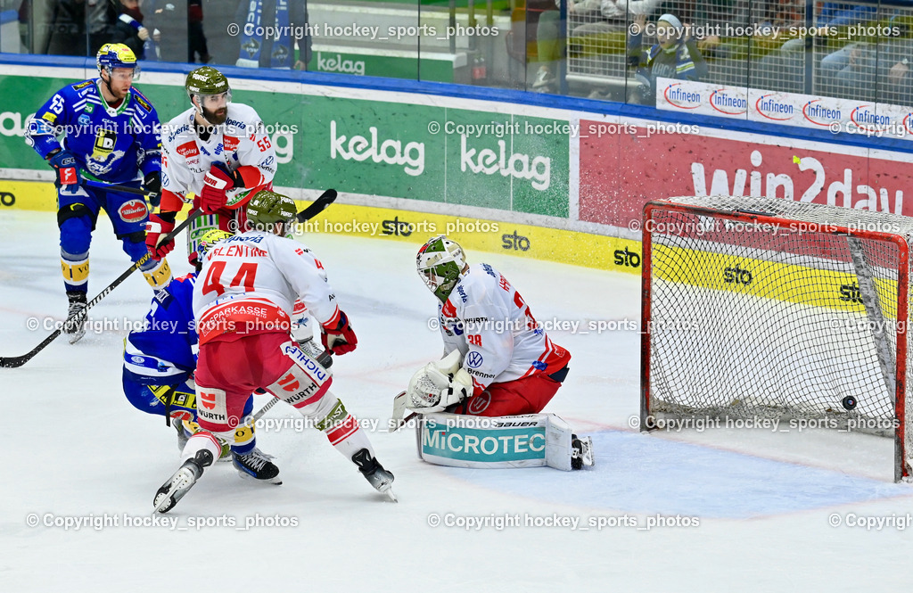 EC VSV vs. HC Bozen 16.2.2024 | Tor EC VSV, #44 Valentine Scott, #55 SABOLIC Robert,  #55 Vandane Davis, #38 Harvey Sam, EC VSV vs. HC Bozen 16.2.2024, EC VSV vs. HC Bozen 16.2.2024 am 16.02.2024 in Villach (Stadthalle Villach), Austria, (Photo by Bernd Stefan)