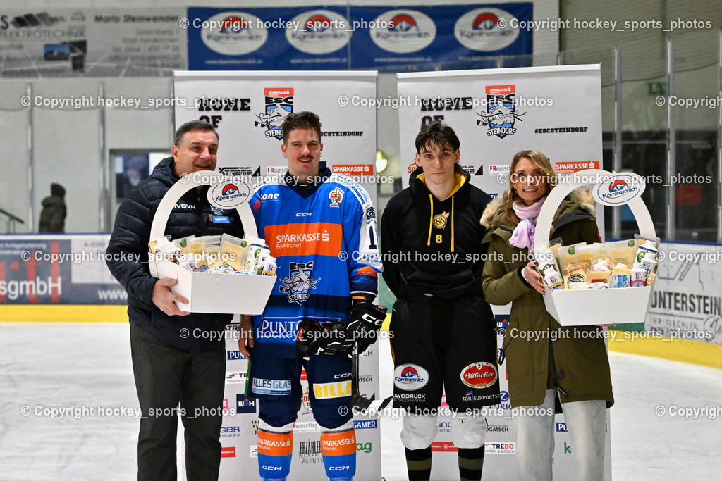 ESC SPARKASSE STEINDORF vs. MET PHOTOVOLTAIK HORNETS SPITTAL | Spieler des Abends, Sektionsleiter ESC Steindorf Hans Tschernutter, #11 Kalan Luka ESC Steindorf, #8 Komar Luca EC Hornets Spittal, Head of Marketing Kärntnermilch  Verena Köck, ESC SPARKASSE STEINDORF vs. MET PHOTOVOLTAIK HORNETS SPITTAL, ESC SPARKASSE STEINDORF vs. MET PHOTOVOLTAIK HORNETS SPITTAL am 22.11.2025 in Steindorf (Ossiachersee Halle), Austria, (Photo by Bernd Stefan)