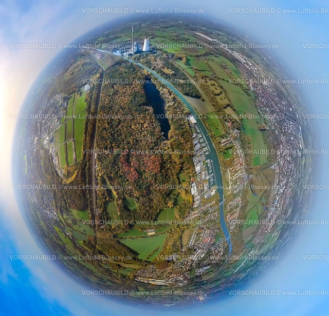 Bergkamen221020028_Beversee | Luftbild, Beversee im Beverwald in Herbstfarben, Yachthafen Marina Rünthe, Datteln-Hamm-Kanal, Fisheye Aufnahme, Fischaugen Aufnahme, 360 Grad Aufnahme, Rünthe, Bergkamen, Ruhrgebiet, Nordrhein-Westfalen, Deutschland