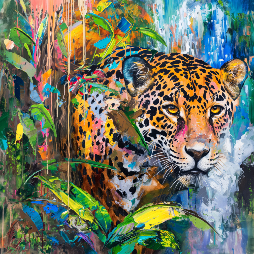 2405004 - Jaguar im Dschungel | Moderne Wandbilder auf Leinwand, Acylglas, Alu-Dibond oder als Poster. Tauchen Sie ein in die Welt KI-generierter Kunstwerke - entdecken Sie hochwertige Kunstdrucke unserer Gemälde, Illustrationen und fotorealistischen Motive.