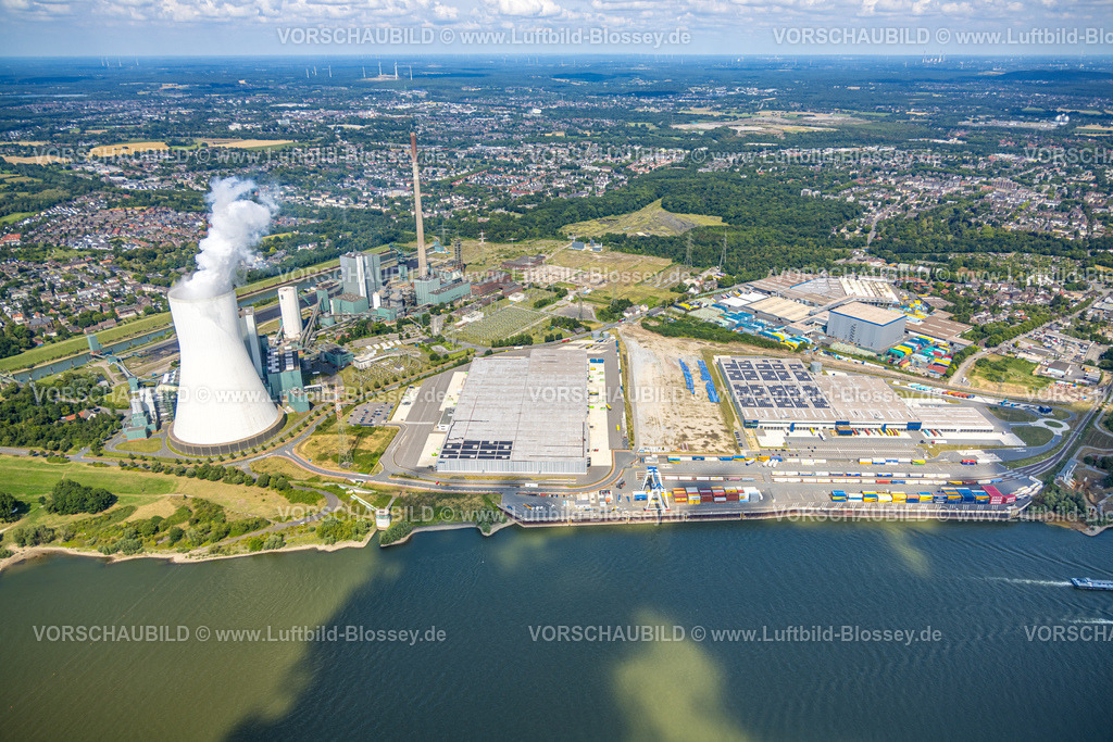 Duisburg250705670Nord | Luftbild, logport VI (sechs) Walsum, Gewerbegebiet und Baustelle mit Neubau am STEAG Kraftwerk Walsum am Fluss Rhein, dampfender Kühlturm, Alt-Walsum, Duisburg, Ruhrgebiet, Nordrhein-Westfalen, Deutschland