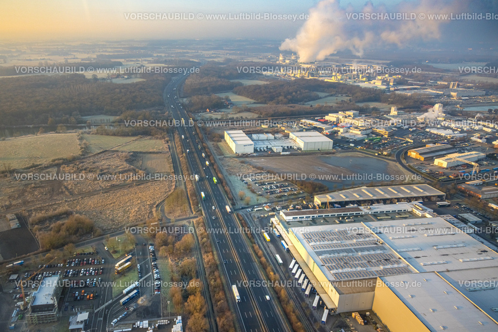 Hamm250200114Uentrop | Luftbild, Gewerbegebiet Siegenbeckstraße an der Autobahn A2, geplante Autobahn-Anschlussstelle, Cold Store Werkshalle Kühlhaus und Freifläche, Uentrop, Hamm, Ruhrgebiet, Nordrhein-Westfalen, Deutschland