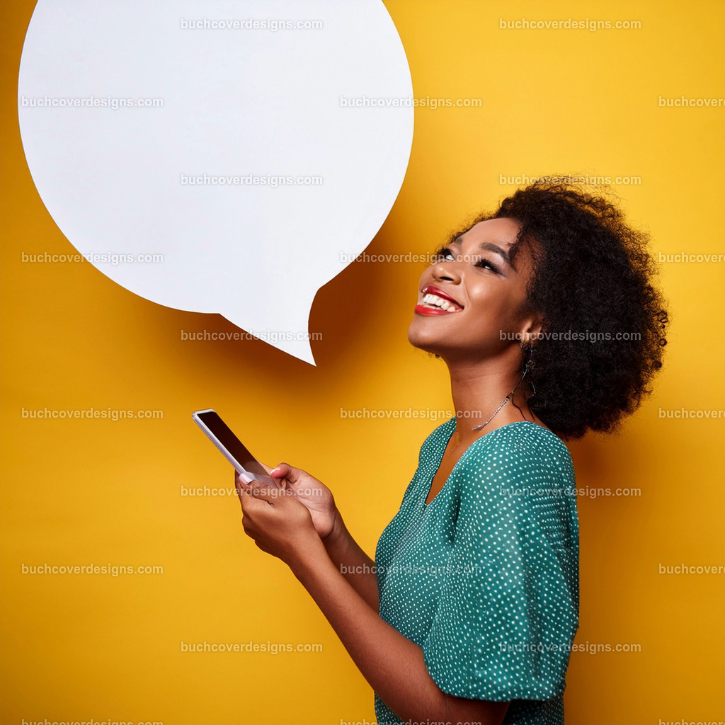 frau mit Mobile Telefon und Sprechblase (13) | Entdecken Sie kreative Buch Cover Designs für Self-Publishing-Autoren und Verlage! Unsere maßgeschneiderten Designs ziehen Leser an und bringen Ihre Geschichten visuell zum Leben. Lassen Sie uns Ihr perfektes Cover gestalten!