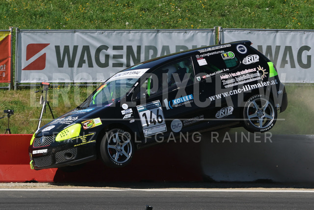 FIA European Hill Climb Championship – Rechberg 2026    | FIA European Hill Climb Championship at Rechberg, held from 24 to 26 April 2026 near Tulwitz, Styria, Austria. The image shows Michael HÖBEL (AUT) VW Golf 5 GTI, crash.     