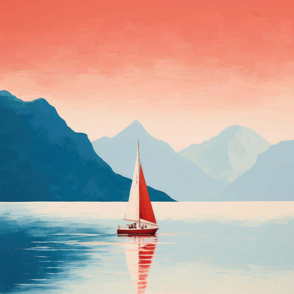 2307185 - Segelboot | Ein Segelboot mit weissrotem Segel auf einem See vor einer Berglandschaft mit rotem Himmel. Ein sehr dekoratives minimalistisches Wandbild, das wie ein Gemälde wirkt.