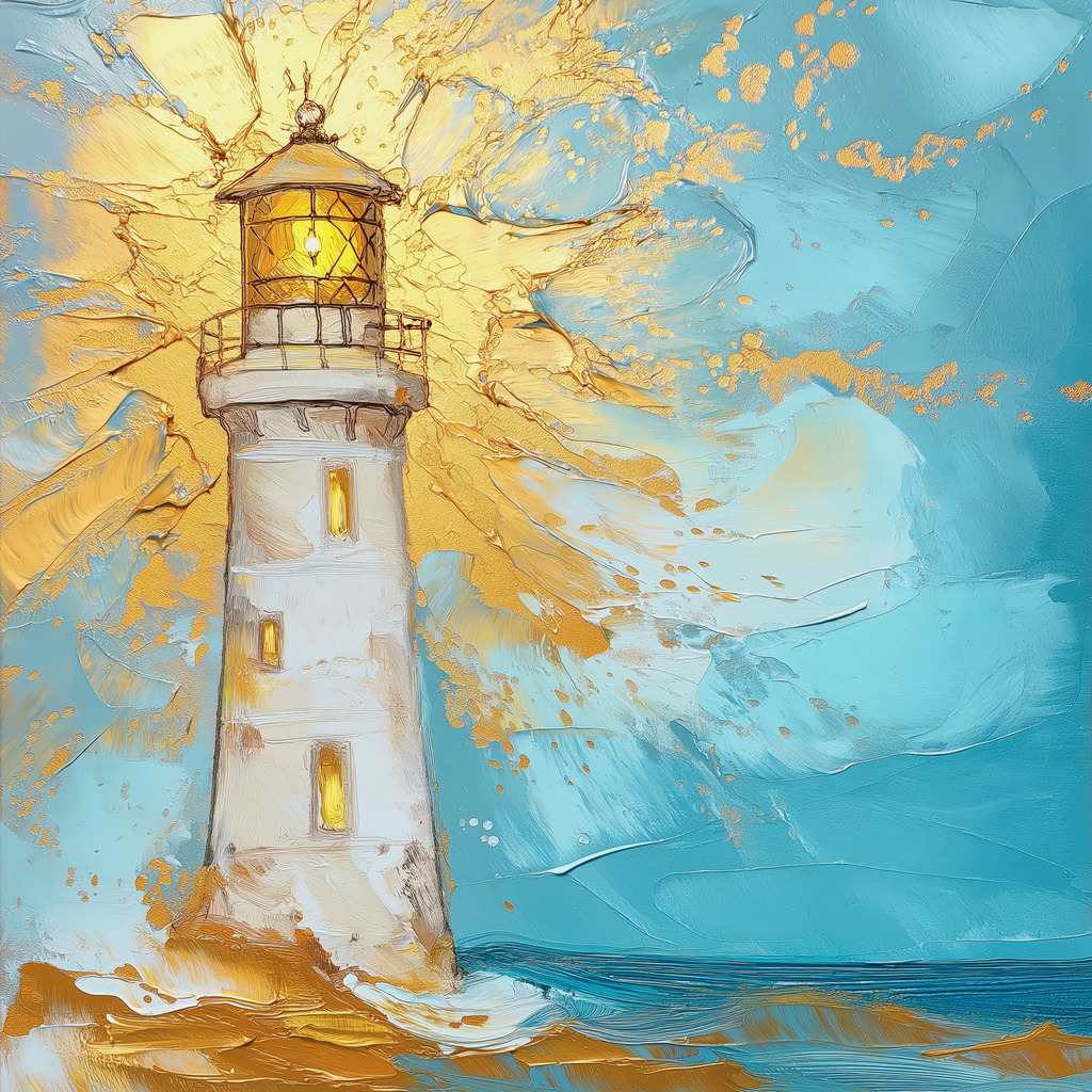 2502040 - Leuchtturm in gold und türkis | Modernes Wandbild im Stil eines Gemäldes. Bestellen Sie dieses Motiv als hochwertigen Kunstdruck auf Leinwand, hinter Acrylglas, auf Alu-Dibond oder auch als Poster. 