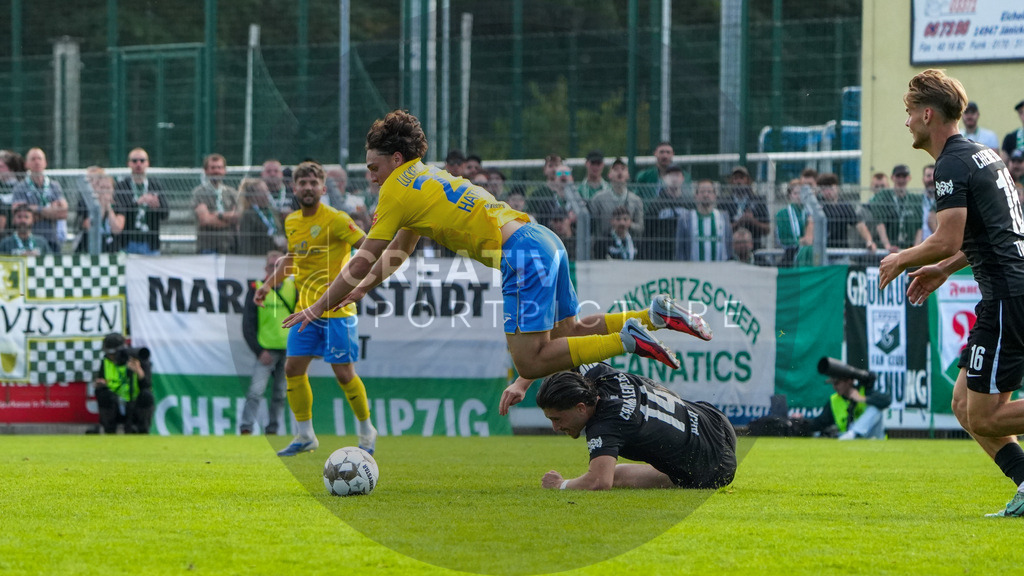 Fußball, Herren, Saison 2025/2026, Regionalliga Nordost, 10. Spieltag, FSV 63 Luckenwalde vs. BSG Chemie Leipzig, Samstag 27.09.2025, Werner-Seelenbinder-Stadion Luckenwalde, | Fußball, Herren, Saison 2025/2026, Regionalliga Nordost, 10. Spieltag, FSV 63 Luckenwalde vs. BSG Chemie Leipzig, Samstag 27.09.2025, Werner-Seelenbinder-Stadion Luckenwalde, Im Bild: Max Hathaway (gelb, Luckenwalde) wird von Valon Aliji (schwarz, Chemie) gefoult. - Realisiert mit Pictrs.com