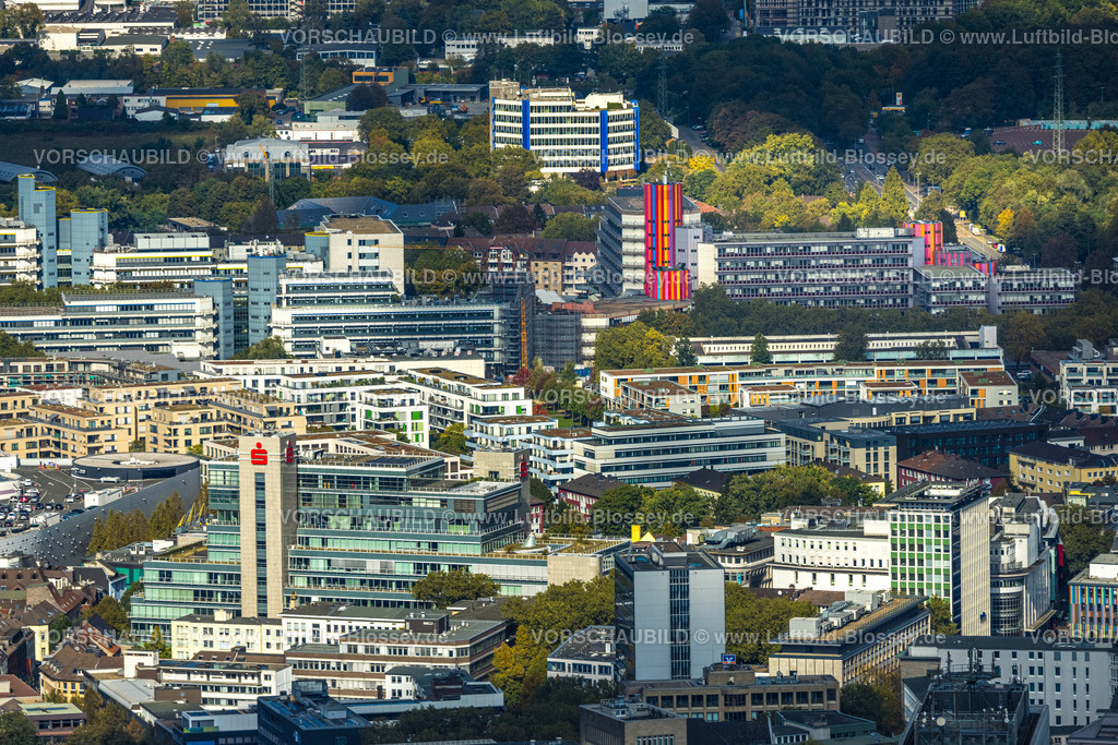 Essen241001880 | Luftbild, Innenstadtansicht Skyline Limbecker Platz, Sparkassenturm, hinten die Universität Duisburg-Essen, Nordrhein-Westfalen, Deutschland
