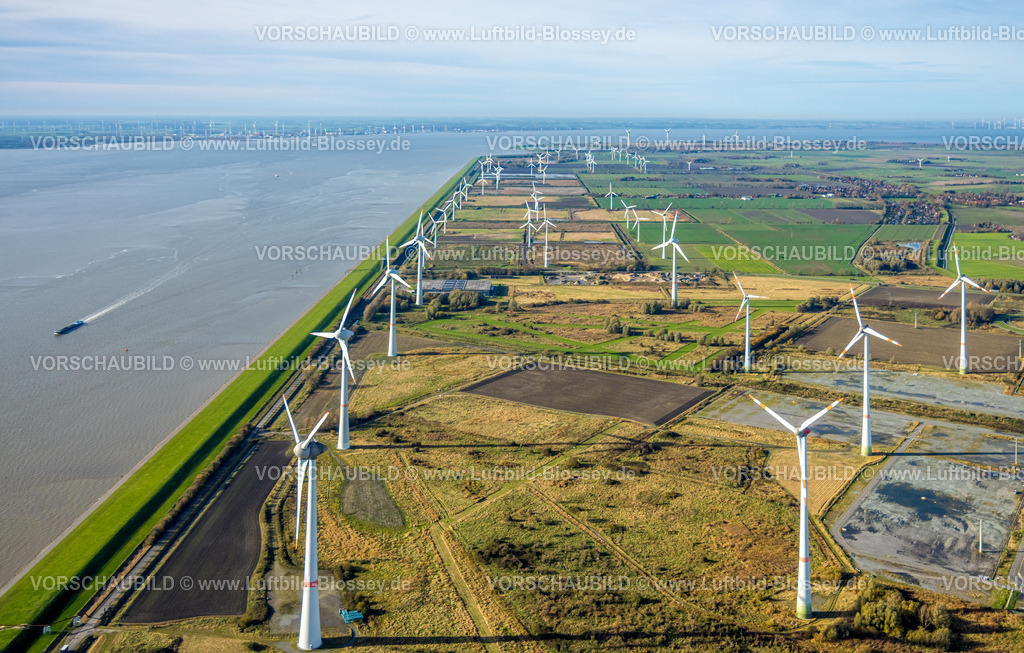 Emden251104700 | Luftbild, Windpark Am Neuen Seedeich mit Fluss Ems, neben dem Volkswagenwerk Emden, Wiesen und Felder, Logumer Vorwerk, Emden, Norddeutschland, Ostfriesland, Niedersachsen, Deutschland