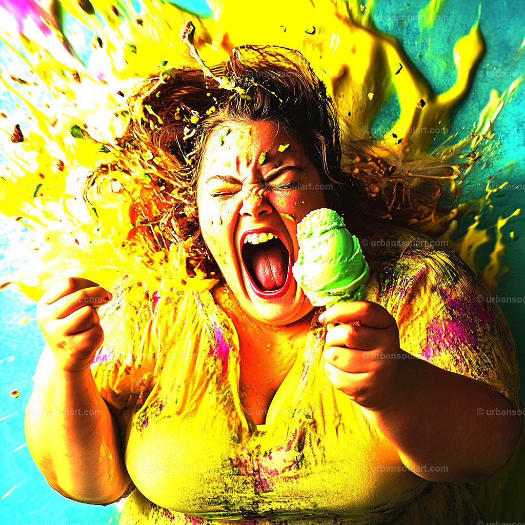 Woman Eating Pistachio Ice Cream | This vibrant artwork captures a joyful woman indulging in pistachio ice cream, with bright, dynamic splashes of color surrounding her. The expressive scene exudes energy and playfulness, making it a perfect addition to spaces needing a lively, uplifting touch. Ideal for modern and eclectic interiors seeking bold, cheerful decor. - Realisiert mit Pictrs.com