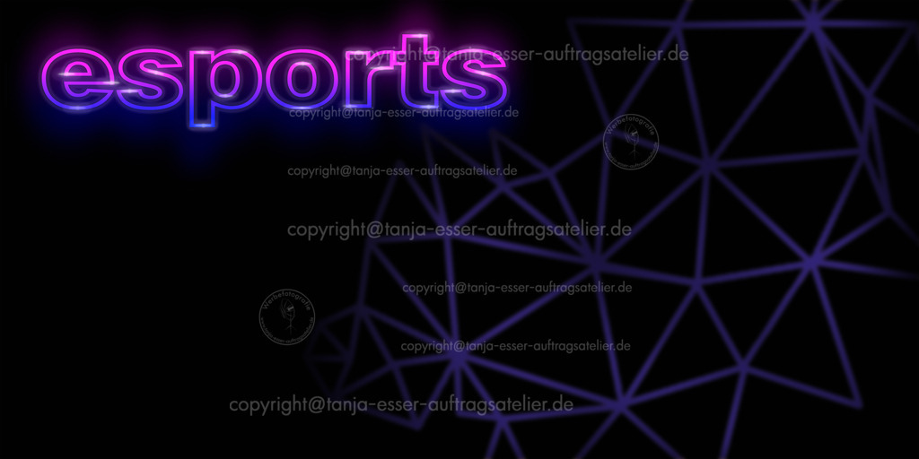 Gamer 4 D | Illustrierter Hintergrund zum Thema Computerspiel. Englischer Text: E Sport. Im Hintergrund sind Polygon Netze.