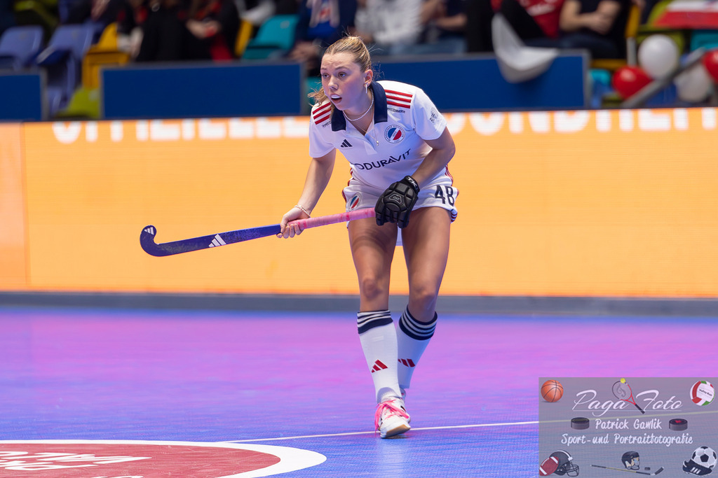 Volvo E.R.B. Final 4 Halbfinale Frauen: Mannheimer HC - Düsseldorfer HC, 25.01.2025 | Charlotte Hendrix (Mannheimer HC #48), Freisteller, Portrait, Porträt, Mannheimer HC - Düsseldorfer HC, Frankfurt, Süwag Arena, 25.1.2025 - Realisiert mit Pictrs.com