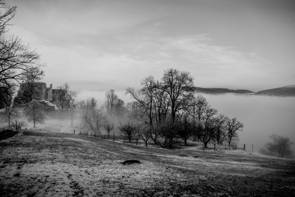 Winter bei der Ruine Dorneck | Aufziehender Nebel von Dornach auf die Burgruine Dorneck - Realisiert mit Pictrs.com