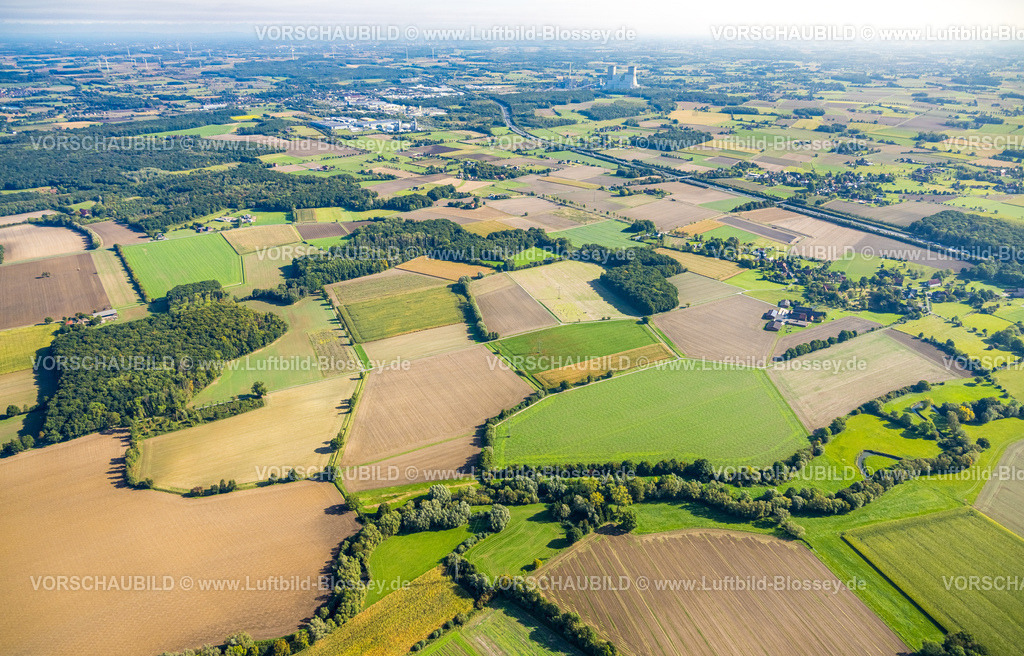Hamm250900735 | Luftbild, Wiesen und Felder, Vöckinghausen, Blick zum RWE Kraftwerk Westfalen und Autobahn A2, Stadtbezirk Rhynern, Hamm, Ruhrgebiet, Nordrhein-Westfalen, Deutschland