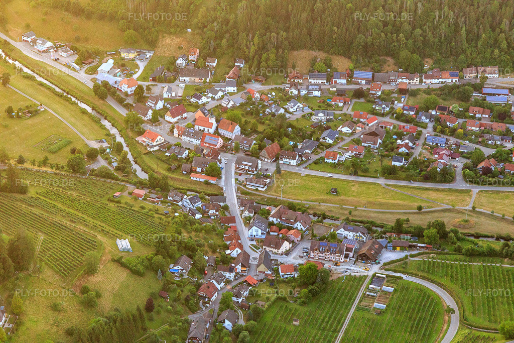 Luftbild: Dorfansicht im Glatt-Tal aus Süden im Ortsteil Hopfau in Sulz im Bundesland Baden-Württemberg in Deutschland. Foto: IMG_149104.jpg vom 28.06.2025 durch Werner Riehm/FLY-FOTO.de