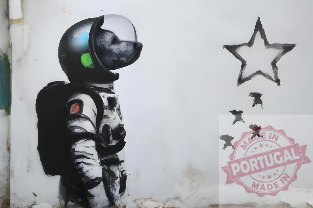 Laika space dog astronaut street art mural. Banski Style | Laika astronaut dog observing stars painted as street art on a crumbling wall - Realisiert mit Pictrs.com