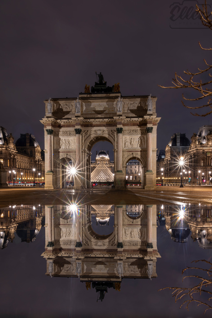 Reflections of Grandeur | In the stillness of night, the Arc de Triomphe du Carrousel and the Louvre Pyramid mirror each other in perfect harmony — where Paris reveals its timeless symmetry. - Realisiert mit Pictrs.com