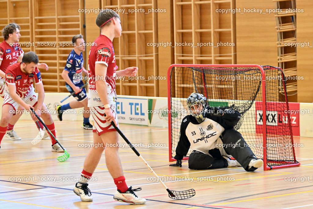 VSV Unihockey vs. KAC Floorball | #2 Mitja Beuthe KAC Floorball, #55 Maximilian Obereder KAC Floorball, VSV Unihockey vs. KAC Floorball, VSV Unihockey vs. KAC Floorball am 12.04.2025 in Villach (Ballspielhalle St. Martin), Austria, (Photo by Bernd Stefan)
