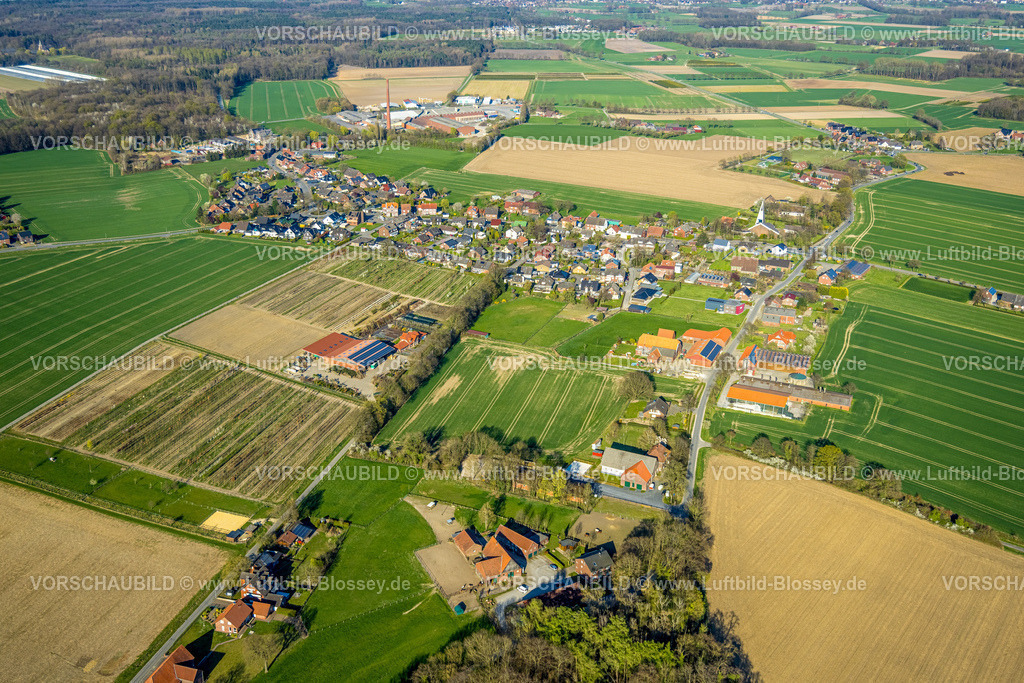 Olfen250405027 | Luftbild, Wohngebiet Ortsansicht Vinnum mit kath. Kirche St. Marien, umgeben von Wiesen und Feldern, Olfen-Kirchspiel, Olfen, Münsterland, Nordrhein-Westfalen, Deutschland