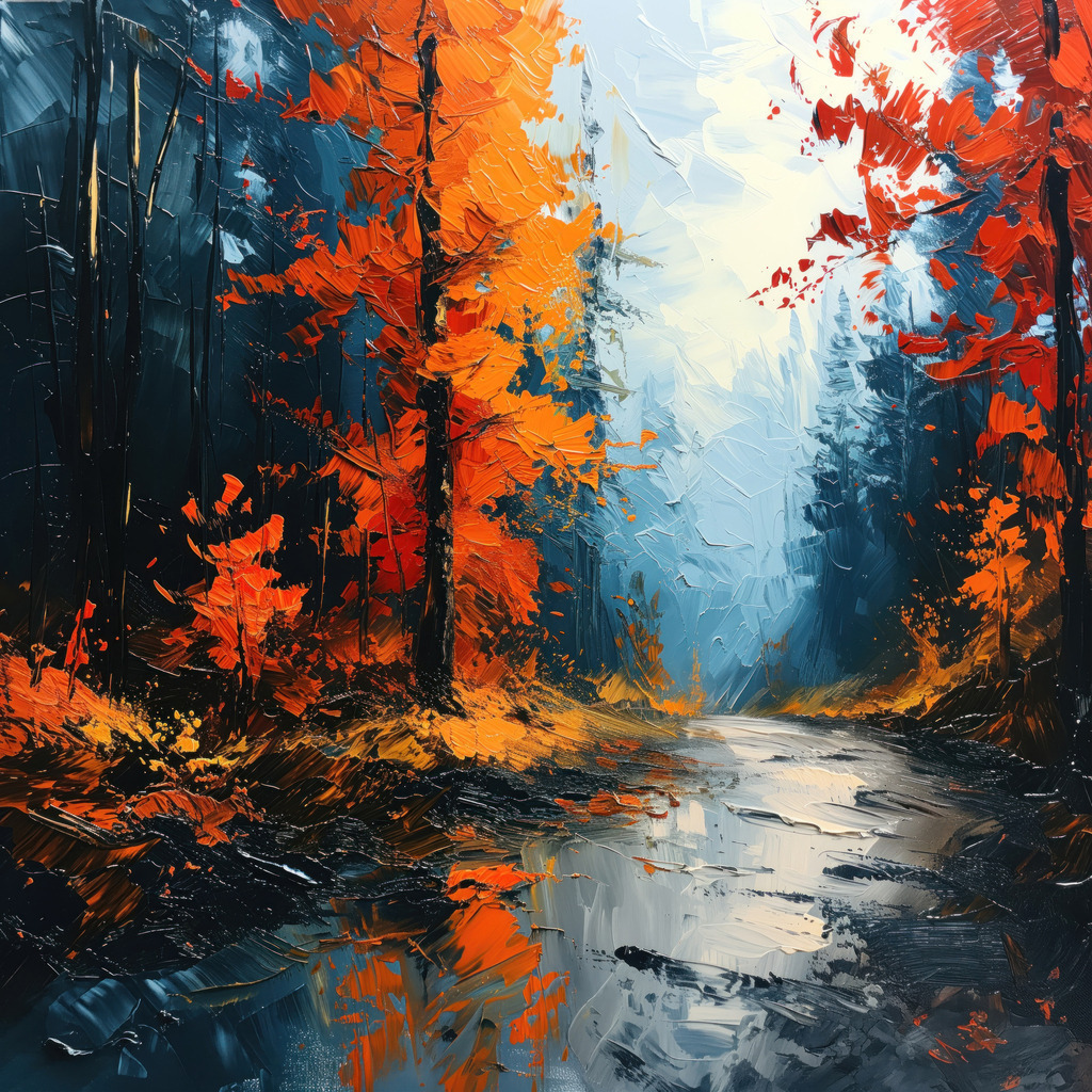 2412033 - Herbstlicher Waldweg | Waldweg in den Bergen in herbstlicher Stimmung im Stil eines Gemäldes.