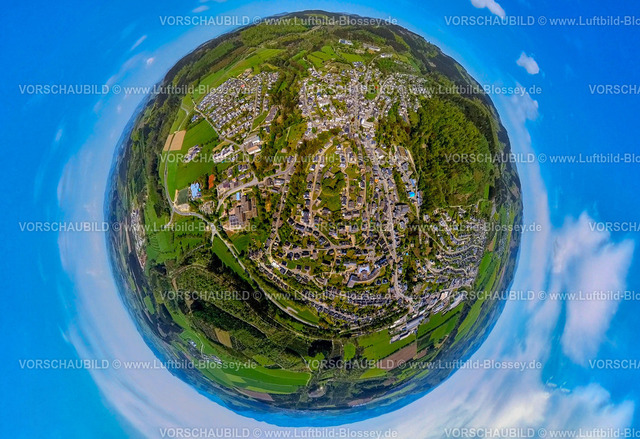 Schmallenberg240590317BadFredeburg | Luftbild, Wohngebiet Ortsansicht Bad Fredeburg, umgeben von Wiesen und Feldern, Erdkugel, Fisheye Aufnahme, Fischaugen Aufnahme, 360 Grad Aufnahme, tiny world, little planet, fisheye Bild, Fredeburg, Schmallenberg, Sauerland, Nordrhein-Westfalen, Deutschland