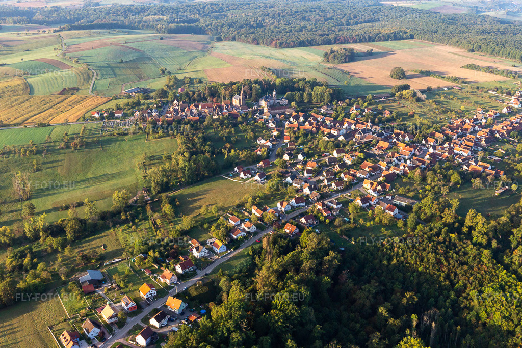Vue aérienne: Vue de la ville depuis le nord à Frœschwiller dans le département Bas Rhin, France. Photo: IMG_139167.jpg prise le 01/10/2023 par Werner Riehm/FLY-FOTO.eu – Résolution de l'original: 5229 x 3486 px