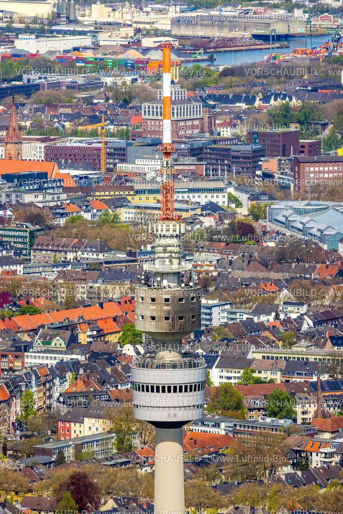 Dortmund230402080 | Luftbild, City, Turmspitze des Florianturms mit Blick zum Dortmunder U, Ruhrallee, Dortmund, Ruhrgebiet, Nordrhein-Westfalen, Deutschland