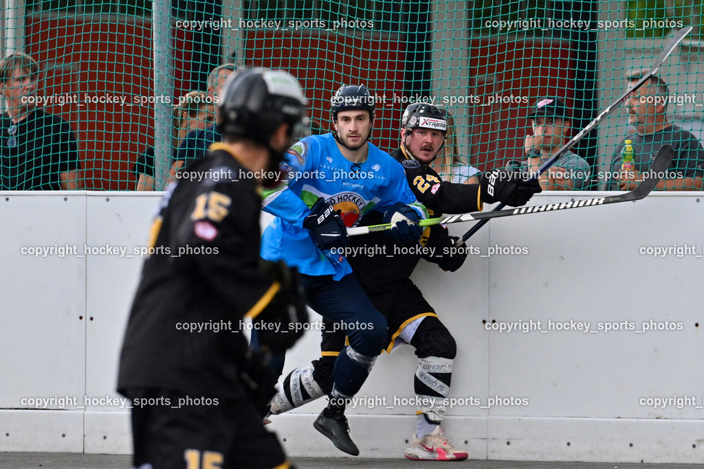 ASKÖ Hockey Villach vs. VAS Ballhockey  | #77 WUNTSCHEK Manuel ASKÖ Villach Hockey, #24 Wucherer Gerald VAS Villach, ASKÖ Hockey Villach vs. VAS Ballhockey , ASKÖ Hockey Villach vs. VAS Ballhockey  am 06.07.2025 in Villach (Alpen Arena ), Austria, (Photo by Bernd Stefan)